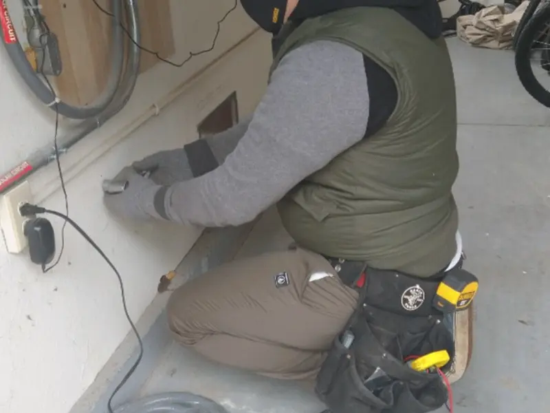 Electrician performing outlet wiring in a Oakley garage